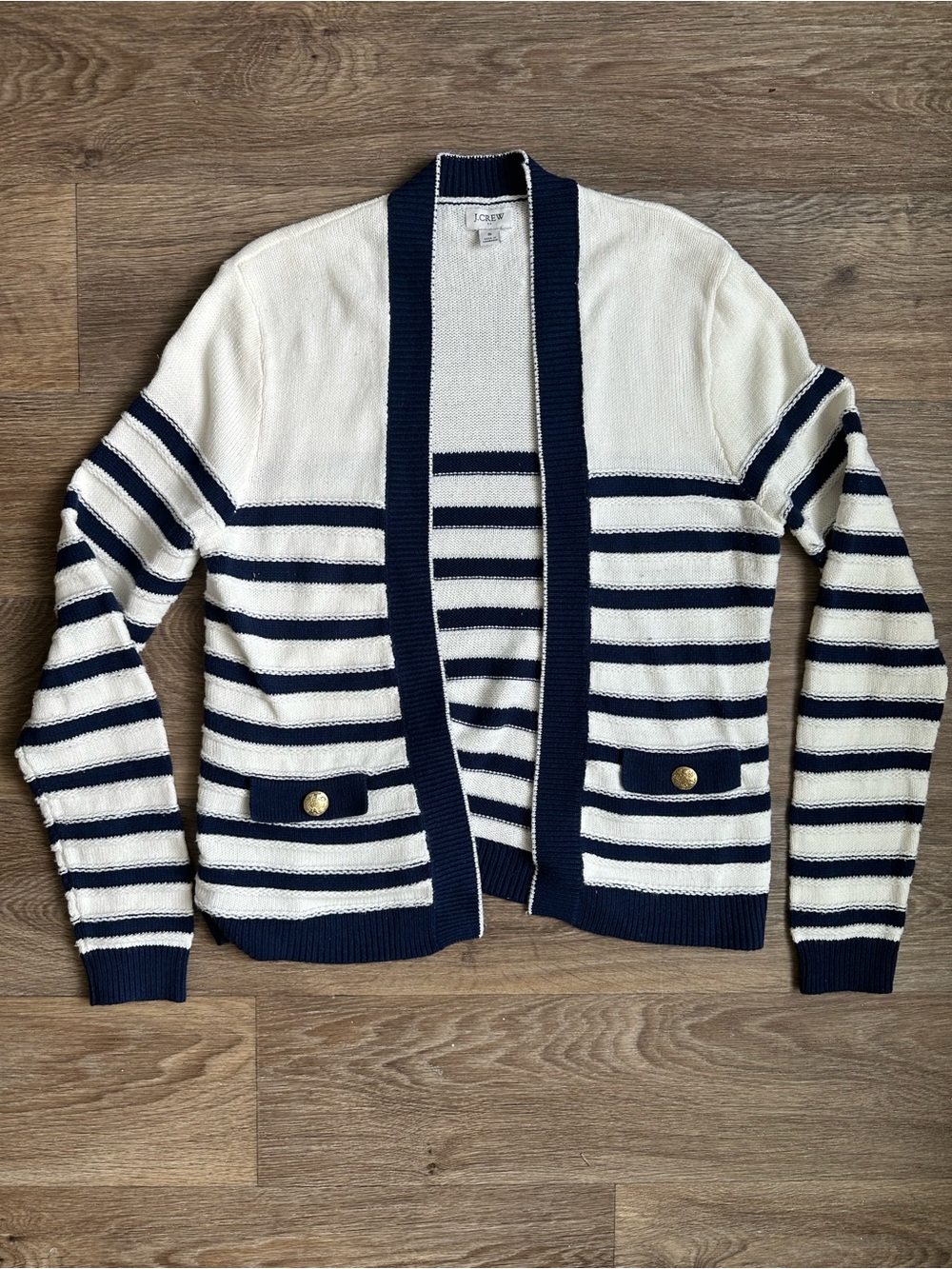 J.Crew Striped Open-Front Cardigan Sweater Navy White Gold Buttons Size S